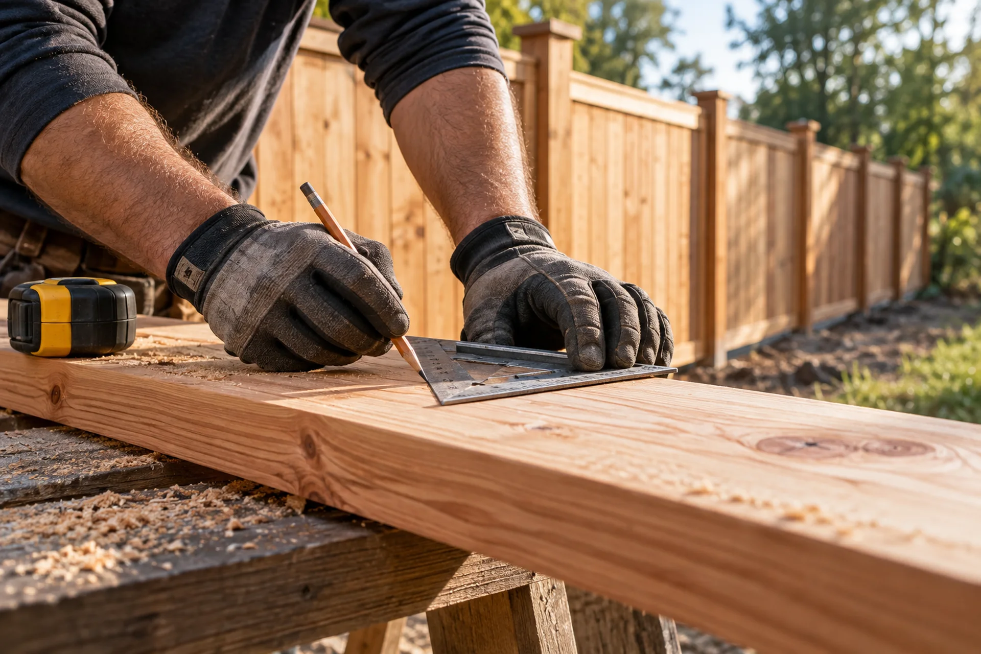 Gloved hands measuring and marking a cedar board during fence construction