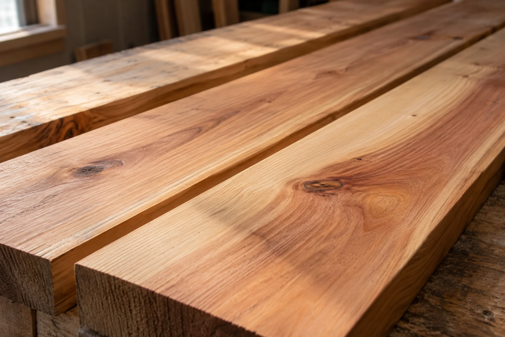 Close view of unfinished cedar boards and natural grain variation