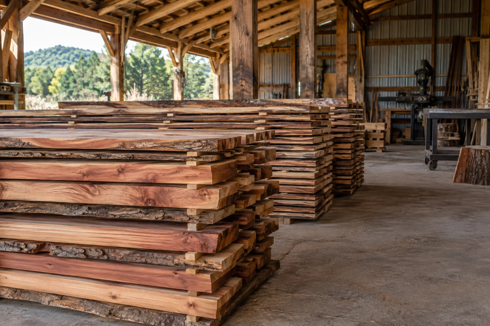 Stacks of freshly milled cedar lumber inside an open sawmill shed