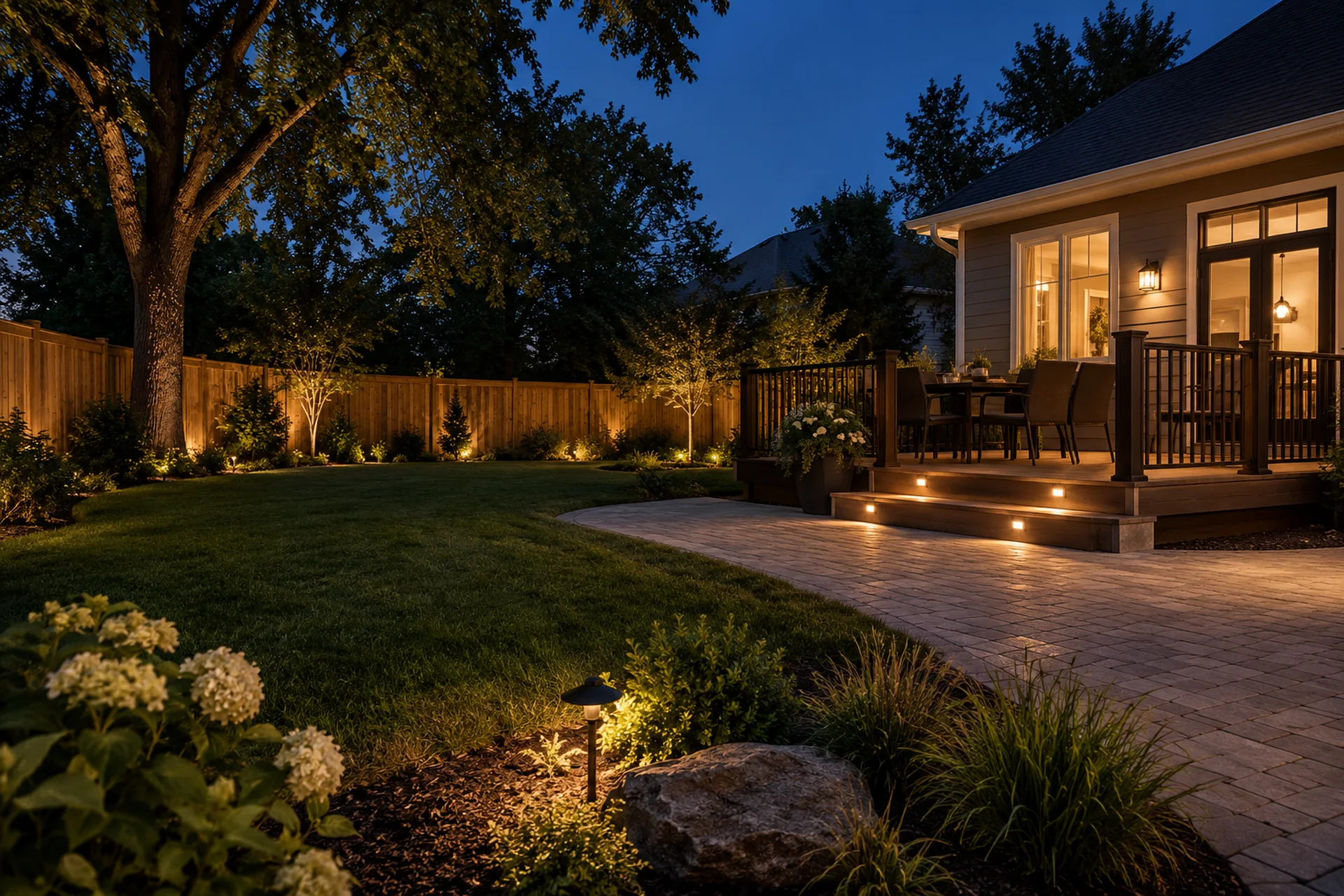Cedar fence, deck, patio, and landscape lighting after dark