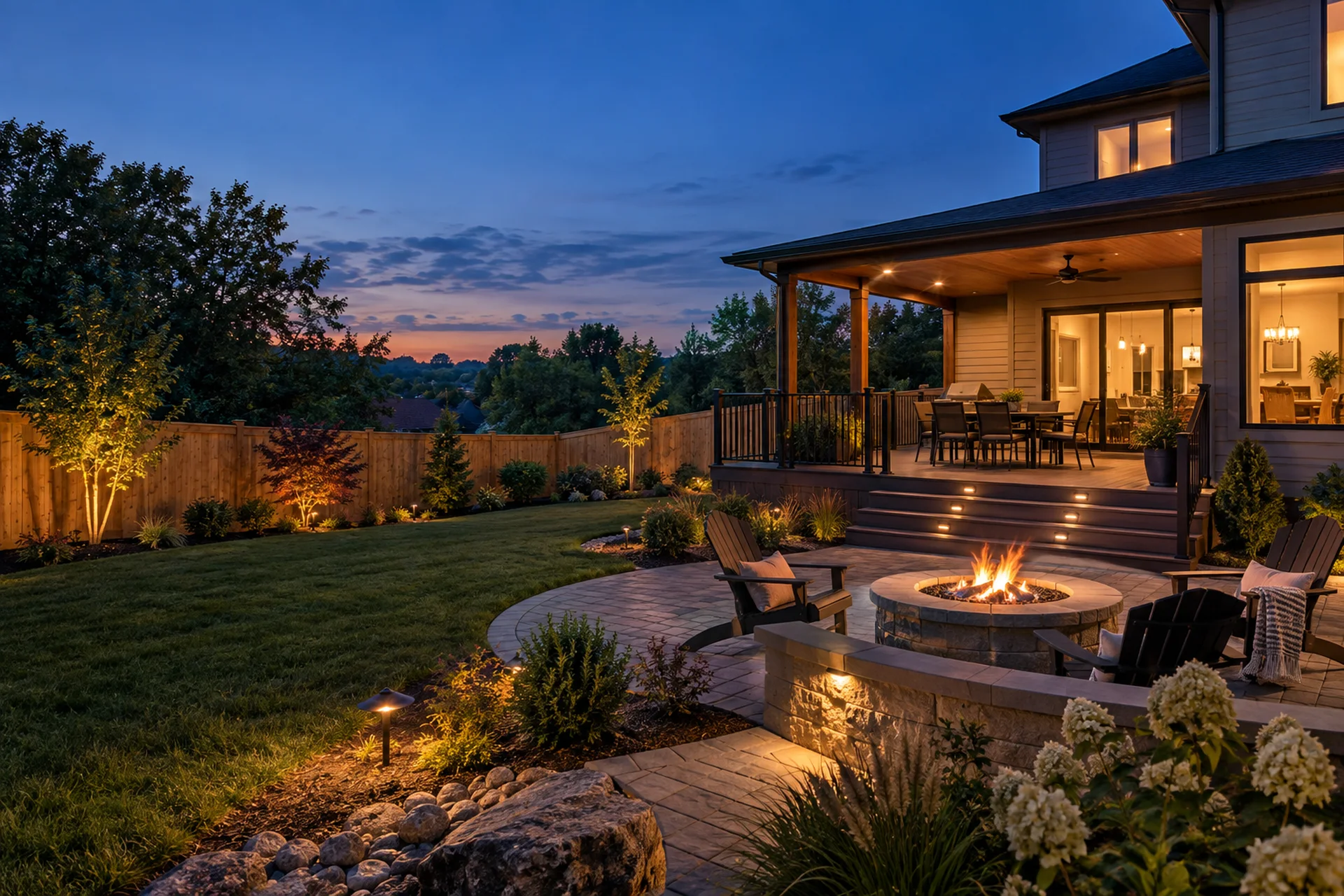 Connected deck, cedar fence, patio, and fire area in a wooded Mid-Missouri backyard at blue hour