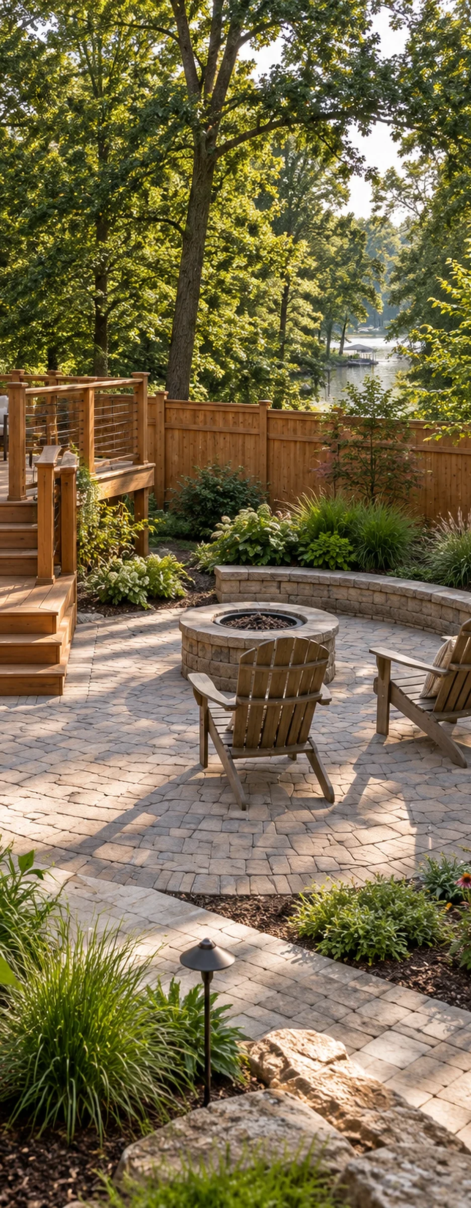 Finished deck, curved paver patio, cedar fence, and planting that match the adjacent plan