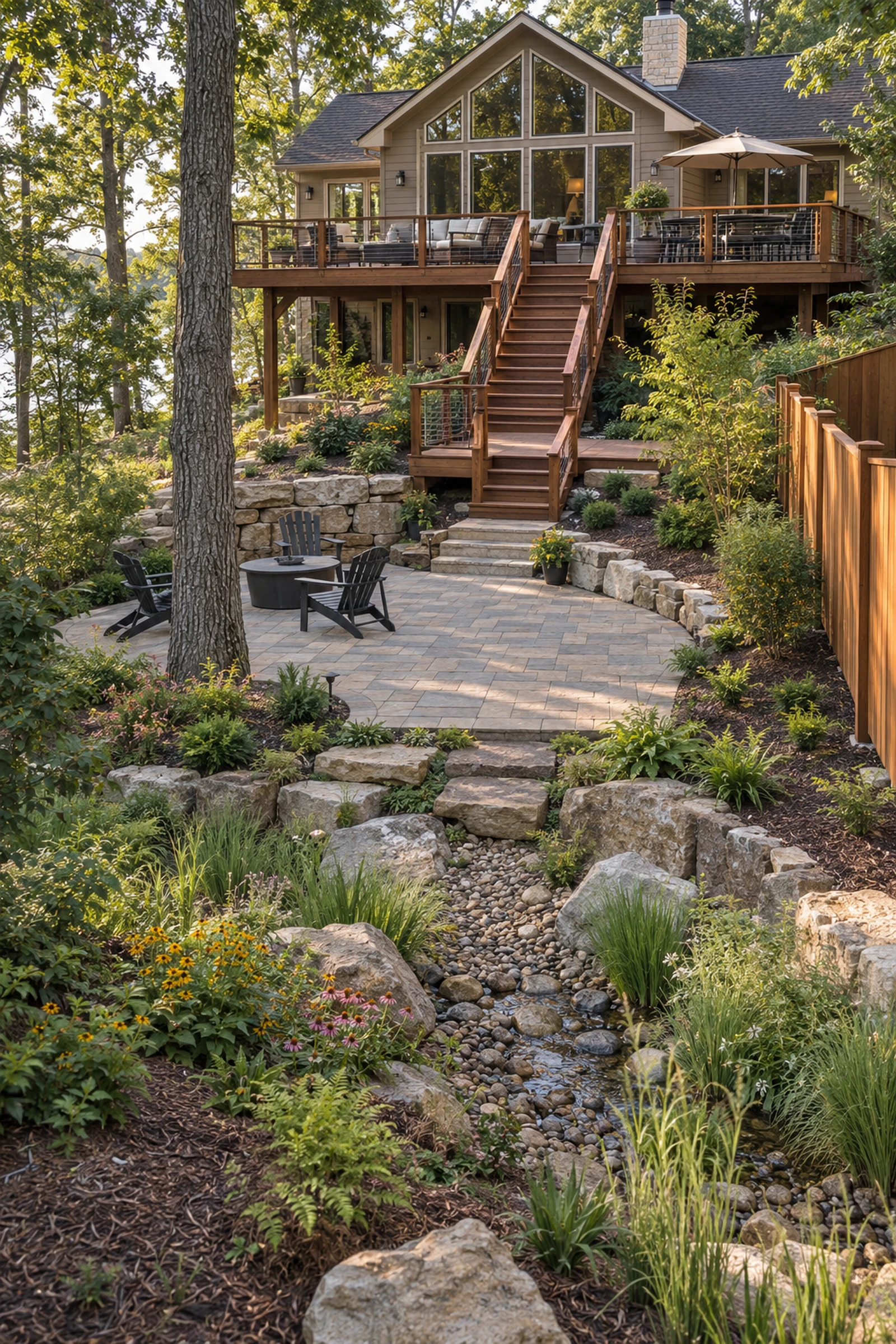 Finished home, deck, stairs, paver patio, cedar fence, and drainage garden arranged as one connected plan