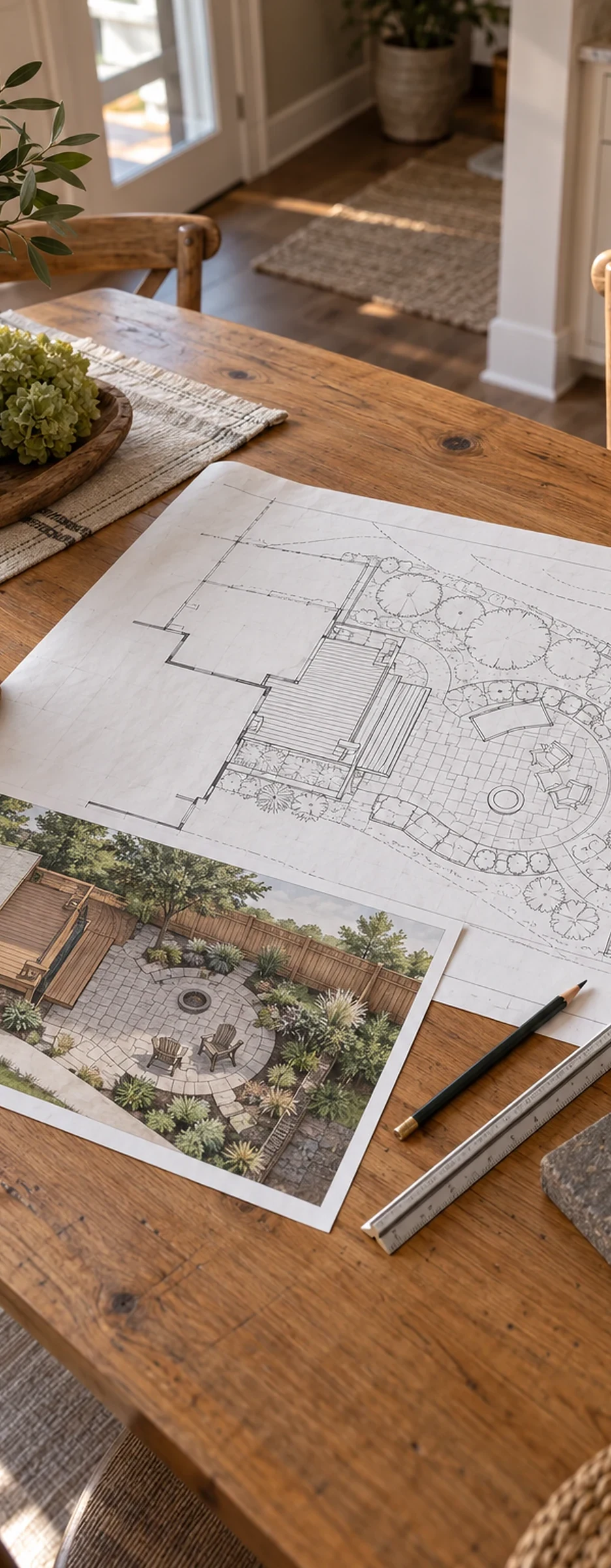 Outdoor site blueprint, cedar sample, and paver sample arranged on a kitchen table