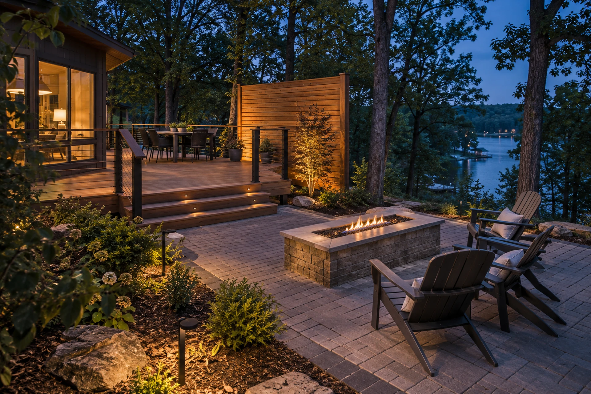 Deck, paver terrace, cedar screen, fire feature, and a wooded reservoir glimpse at blue hour
