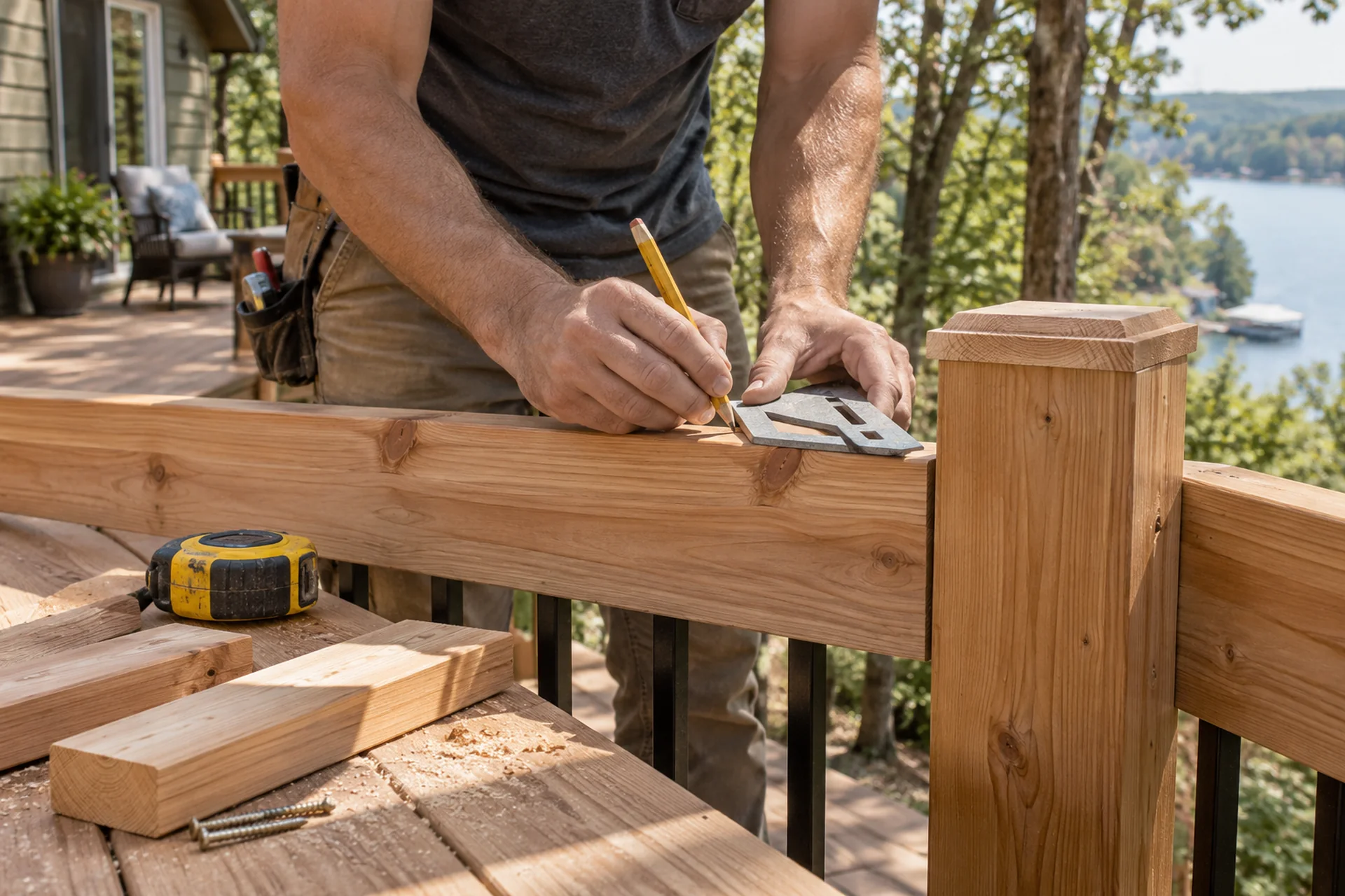 Craftsperson checking a cedar board with a square and tape measure at a wooded Missouri jobsite