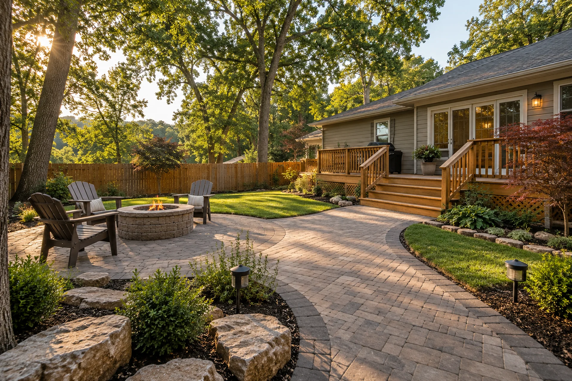 Connected deck, patio, and landscaped backyard glowing at blue hour in Mid-Missouri