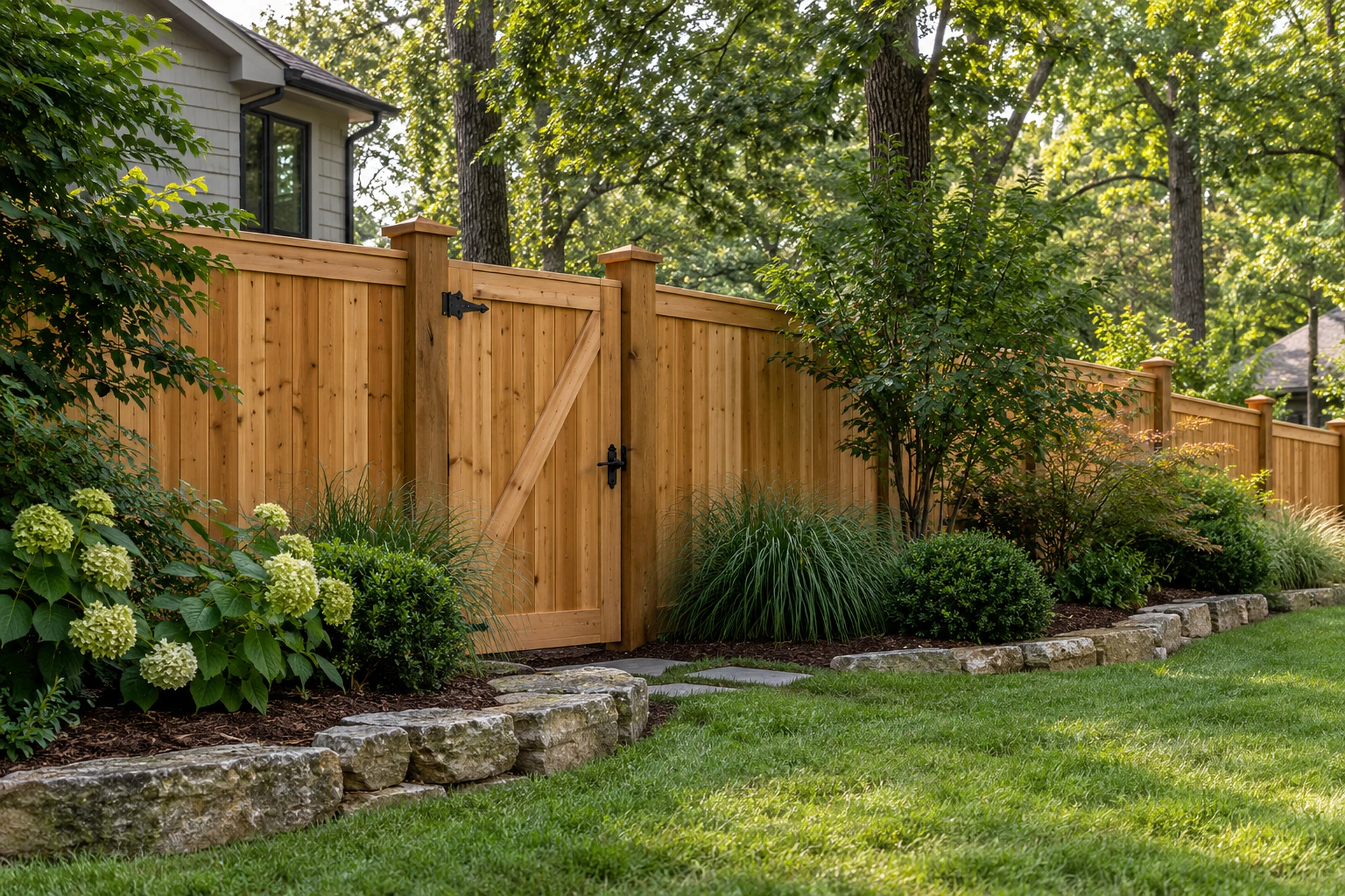 Custom wood fence defining a landscaped residential yard