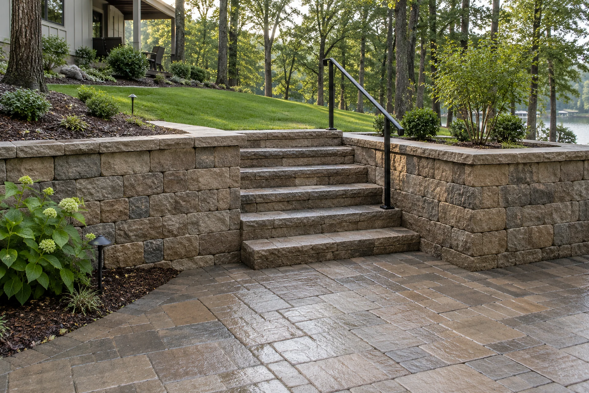 Landscape retaining wall shaping usable ground on a wooded slope