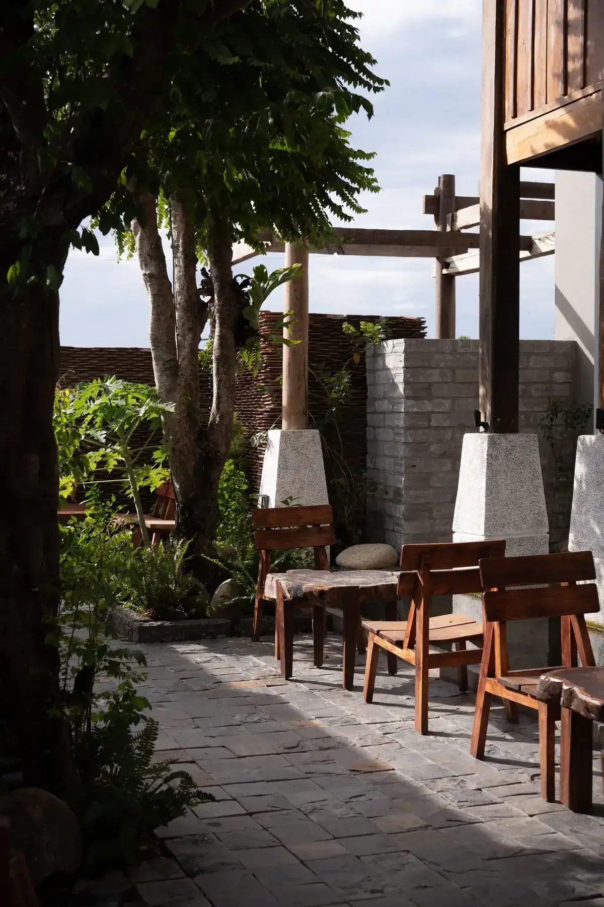 Charming rustic outdoor seating area featuring wooden benches under a tree, perfect for relaxation in a tranquil setting