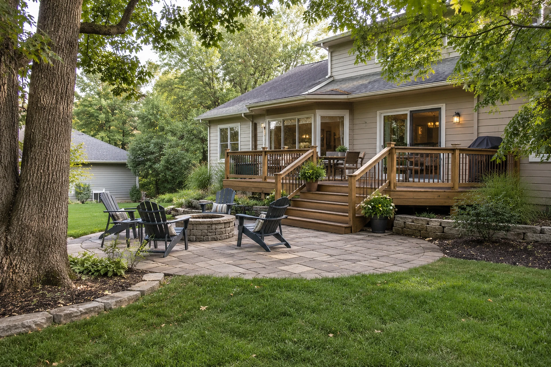 Contemporary deck and cedar screening in a leafy Columbia, Missouri backyard