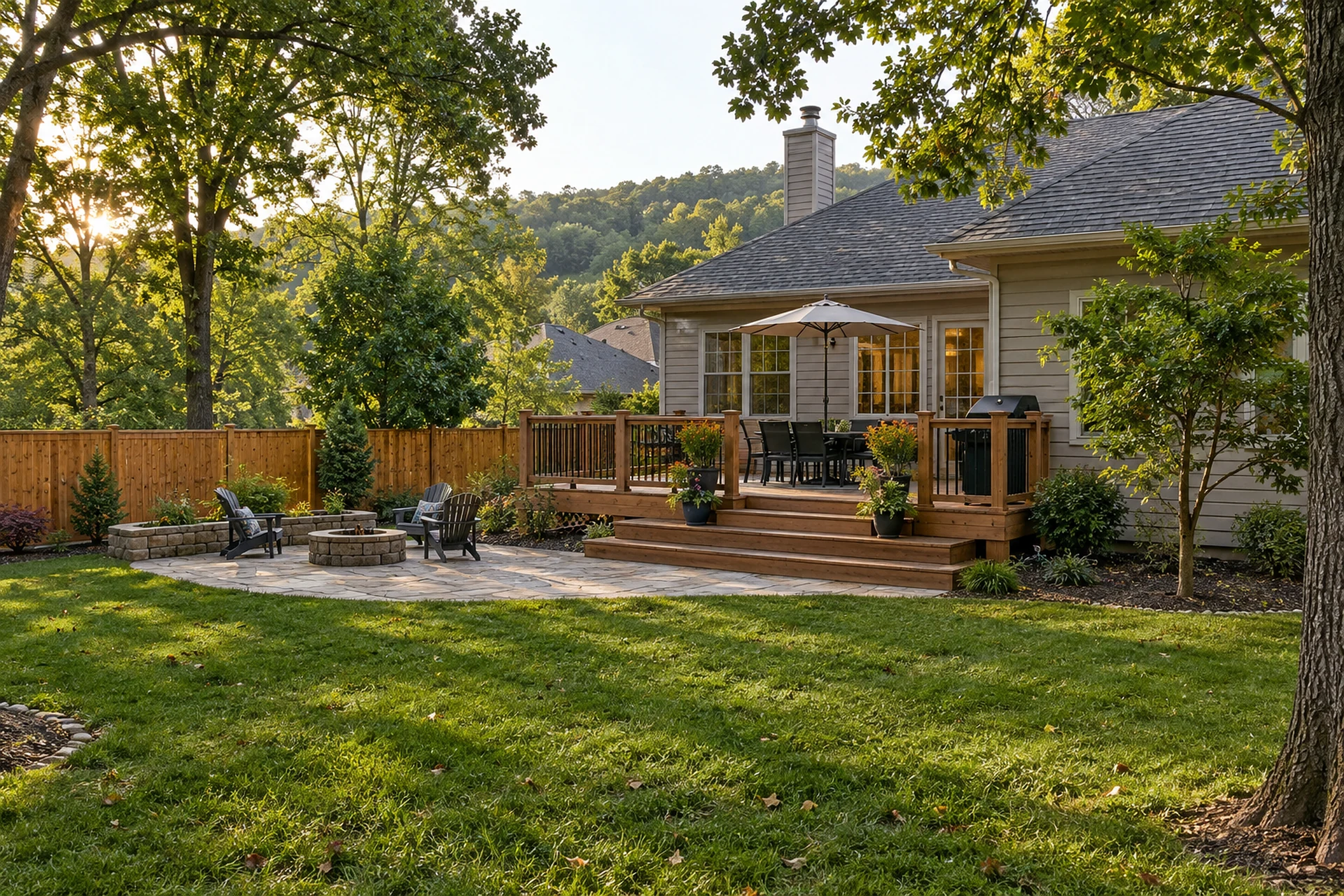 Cedar fence, deck, and stone patio in an established Jefferson City backyard