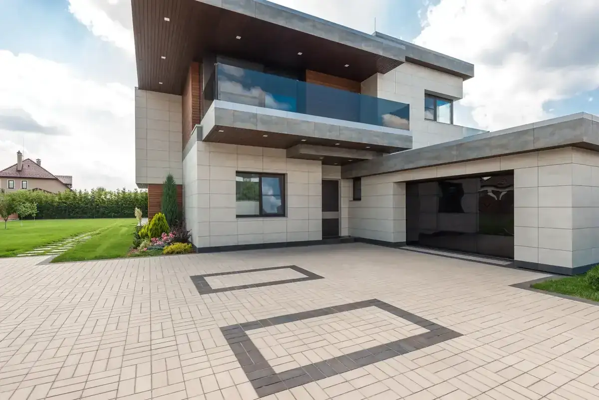 A stylish modern minimalist house exterior with clean lines and geometric shapes