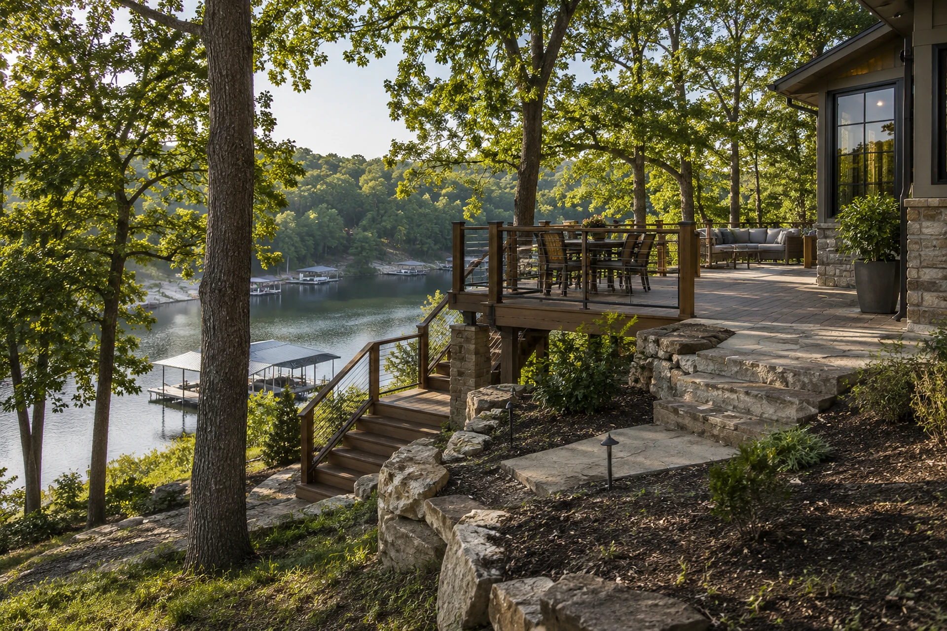 Wooded Lake of the Ozarks home with a deck overlooking a quiet reservoir cove