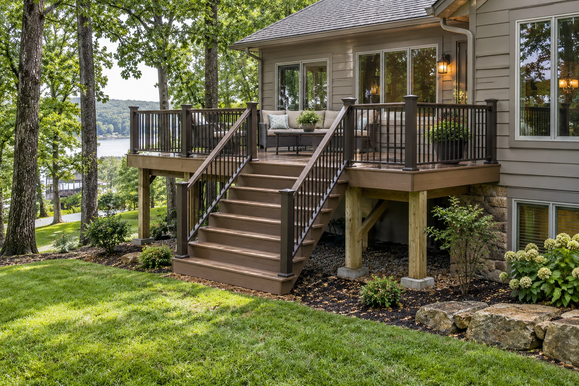 Finished residential deck with safe stairs and railings in a wooded Missouri yard