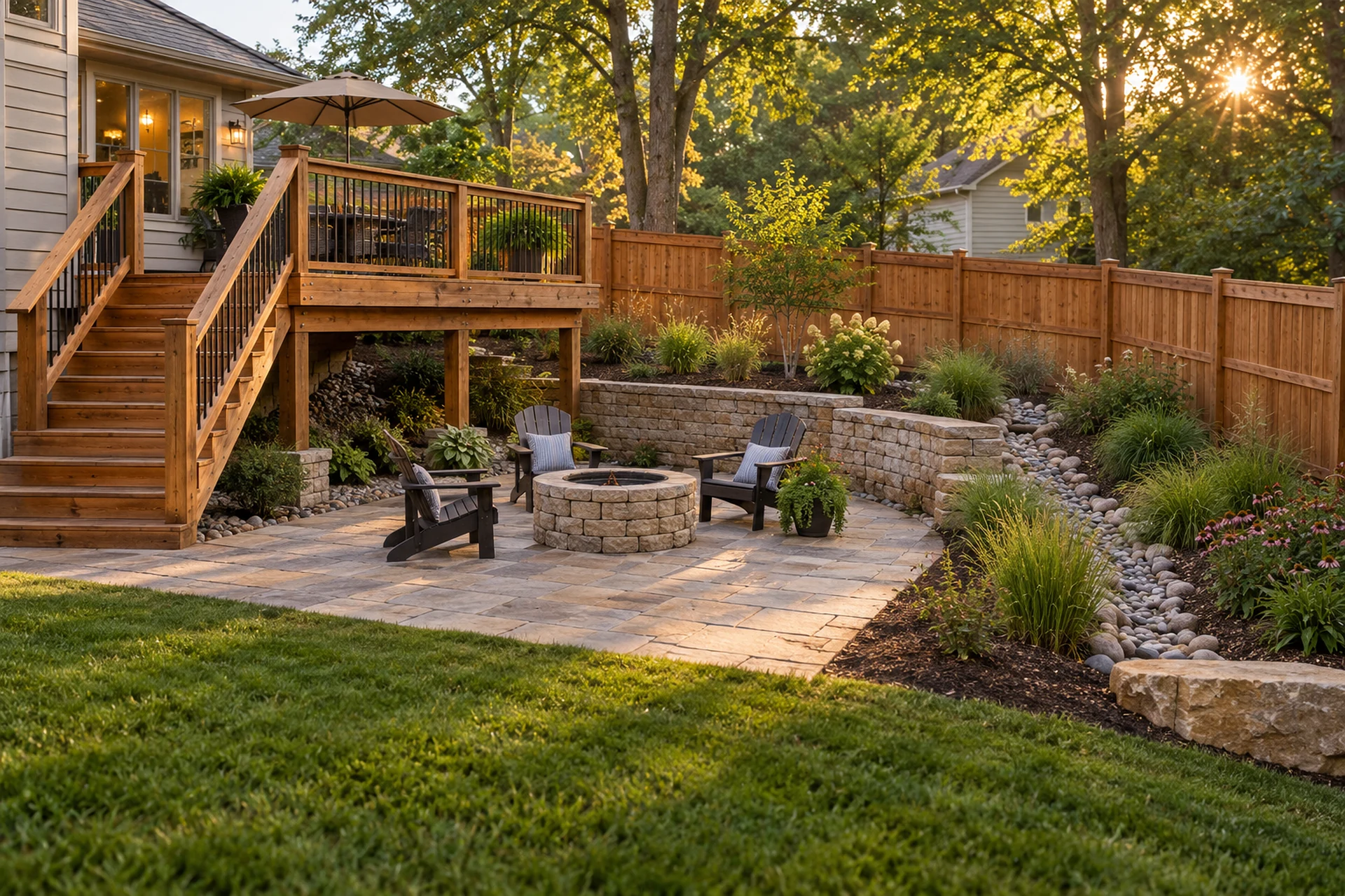 Cohesive deck, fence, patio, and planted yard in a Mid-Missouri outdoor space