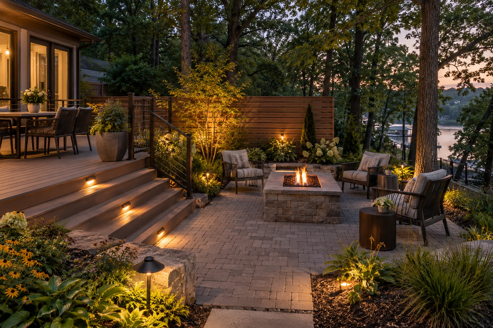 Connected deck, patio, pergola, and fire feature in a wooded Missouri backyard