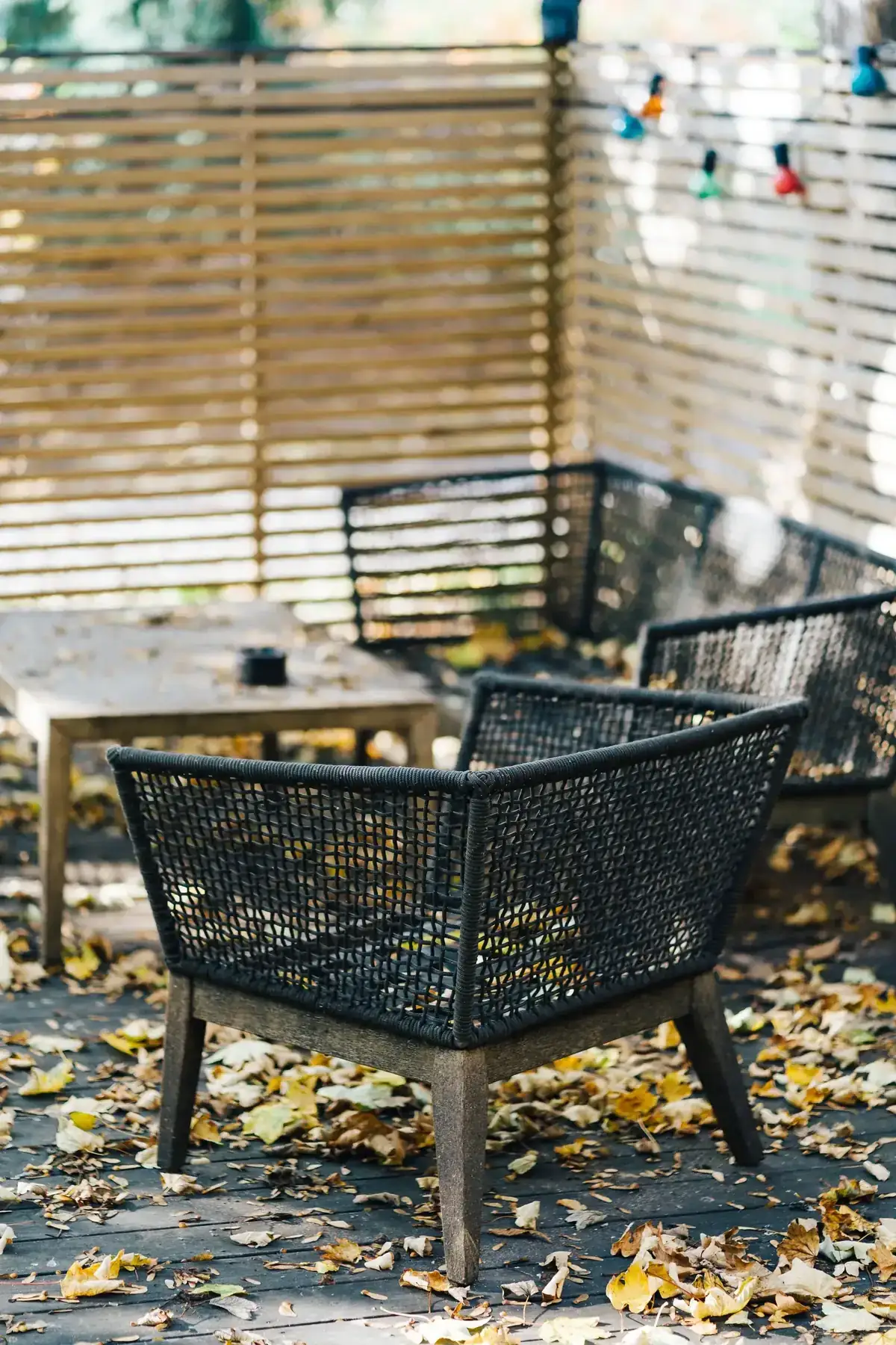 Outdoor patio furniture surrounded by autumn leaves in a wooded garden