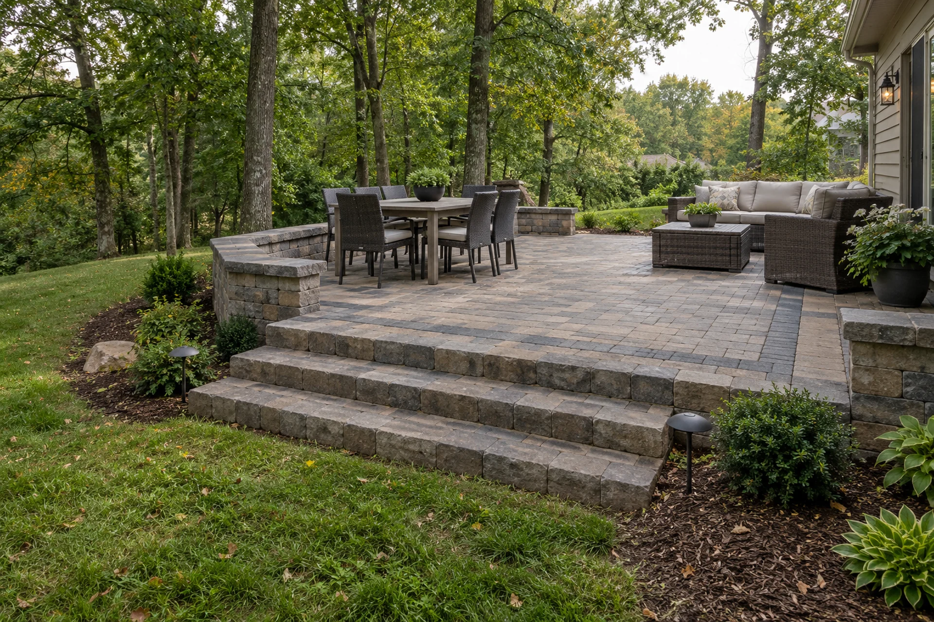 Finished paver patio with broad steps beside a Mid-Missouri home