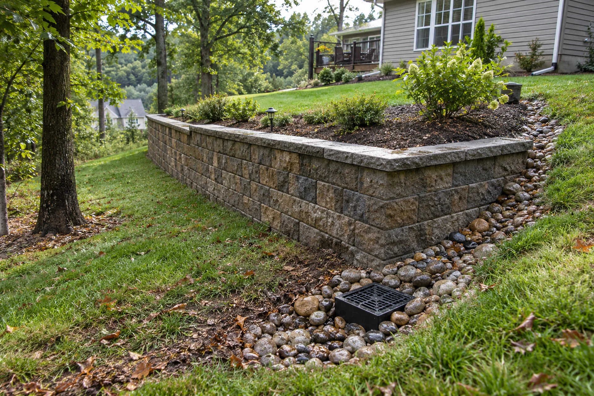 Retaining wall, steps, and drainage shaping a wooded Ozarks residential slope
