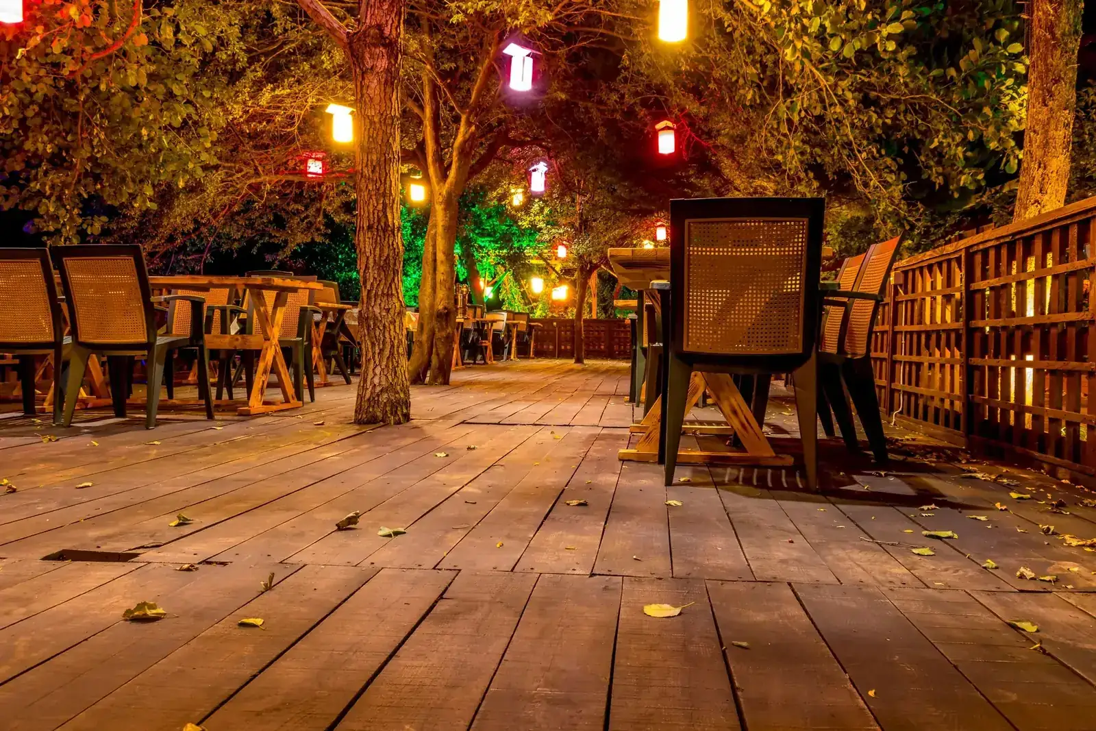 Charming outdoor dining setup with wooden tables and hanging lights, creating a warm and inviting atmosphere at night
