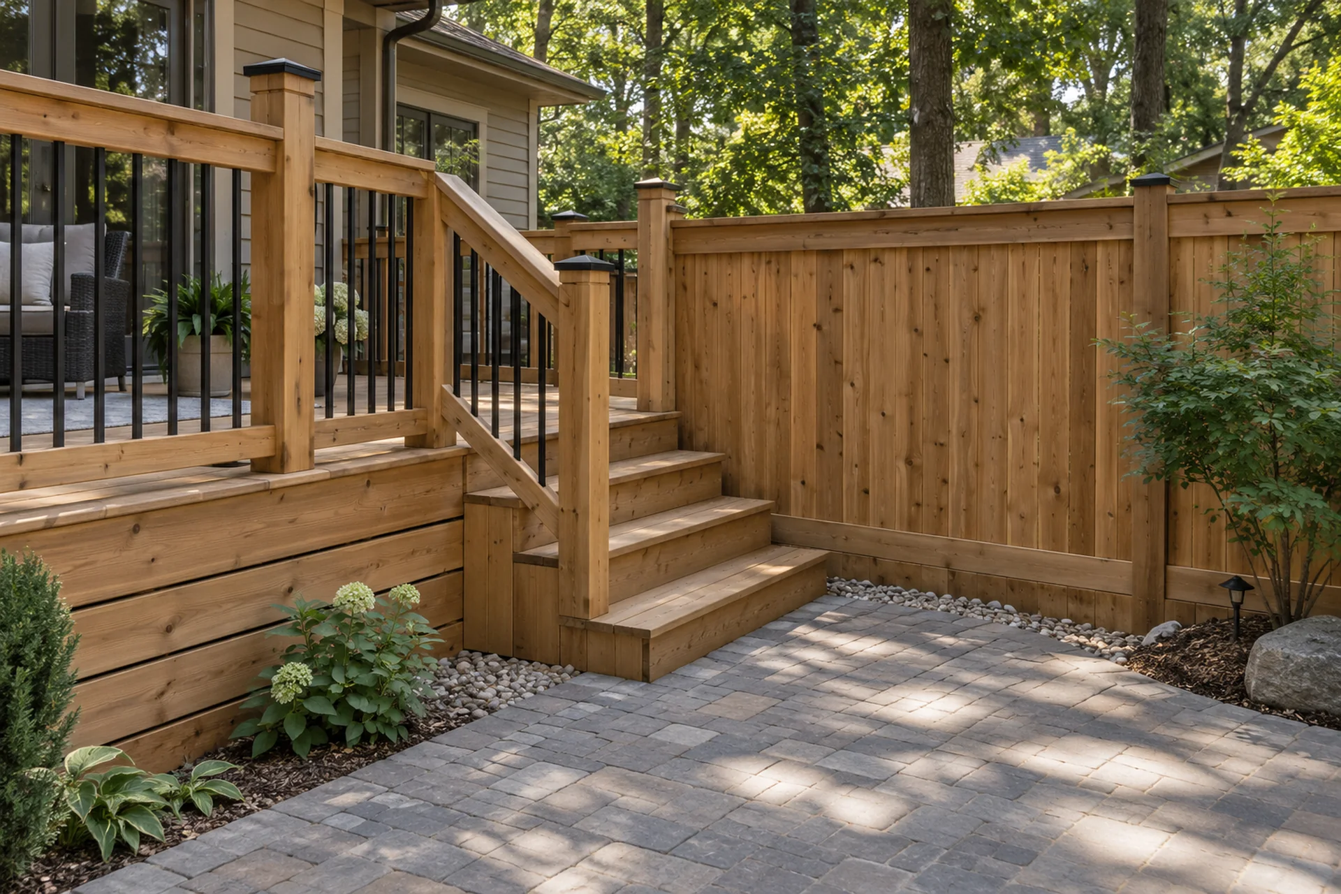 Custom cedar gate, deck, and stone path composed as one finished backyard