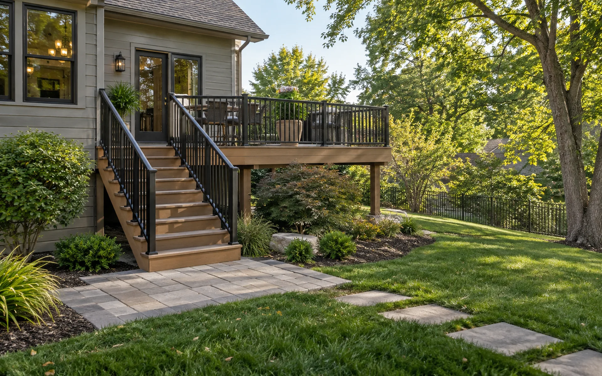 Elevated deck, stairs, paver landing, and garden path connecting a house to its yard