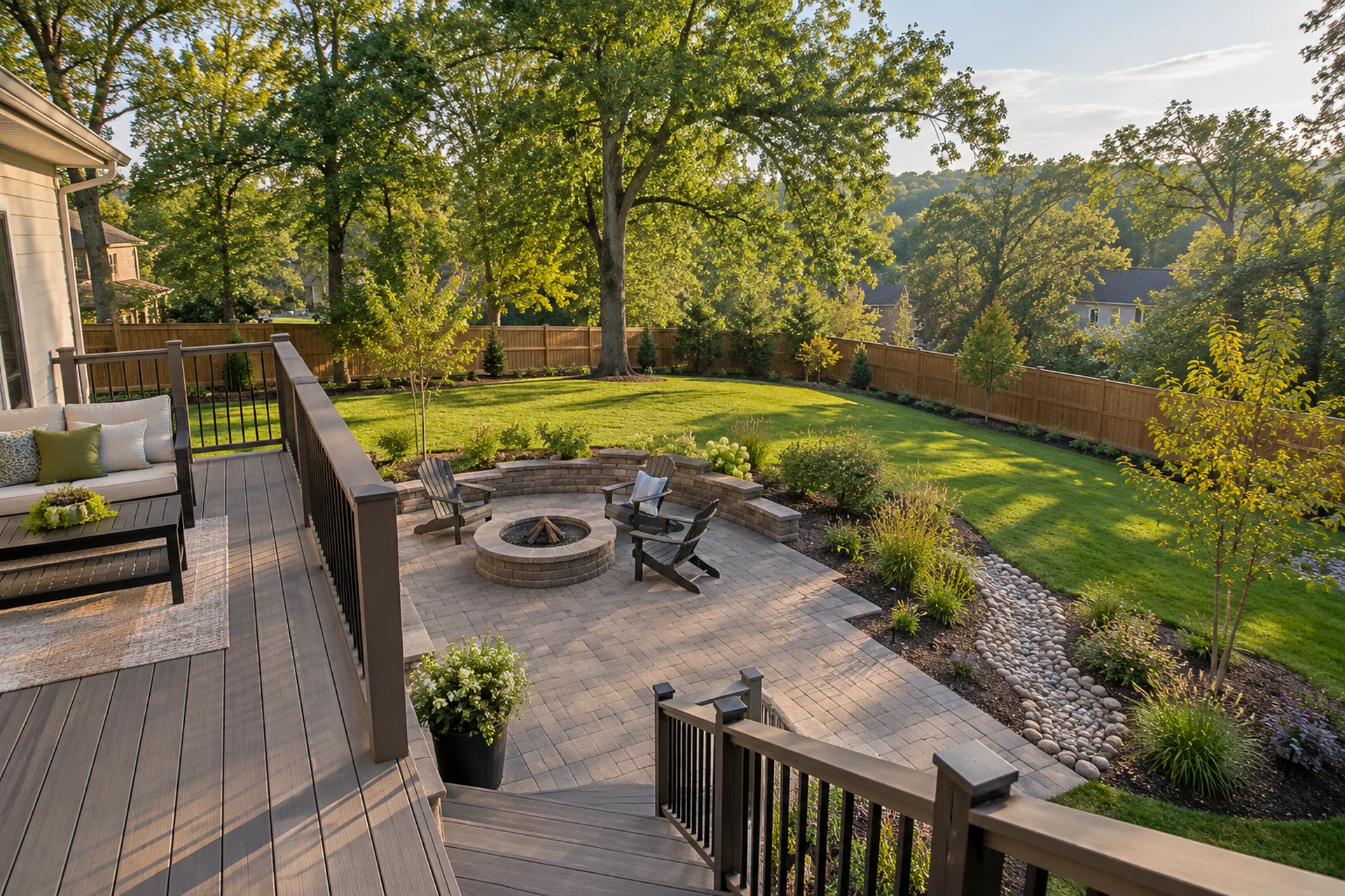 Connected deck, patio, fence, drainage planting, and lawn in one backyard