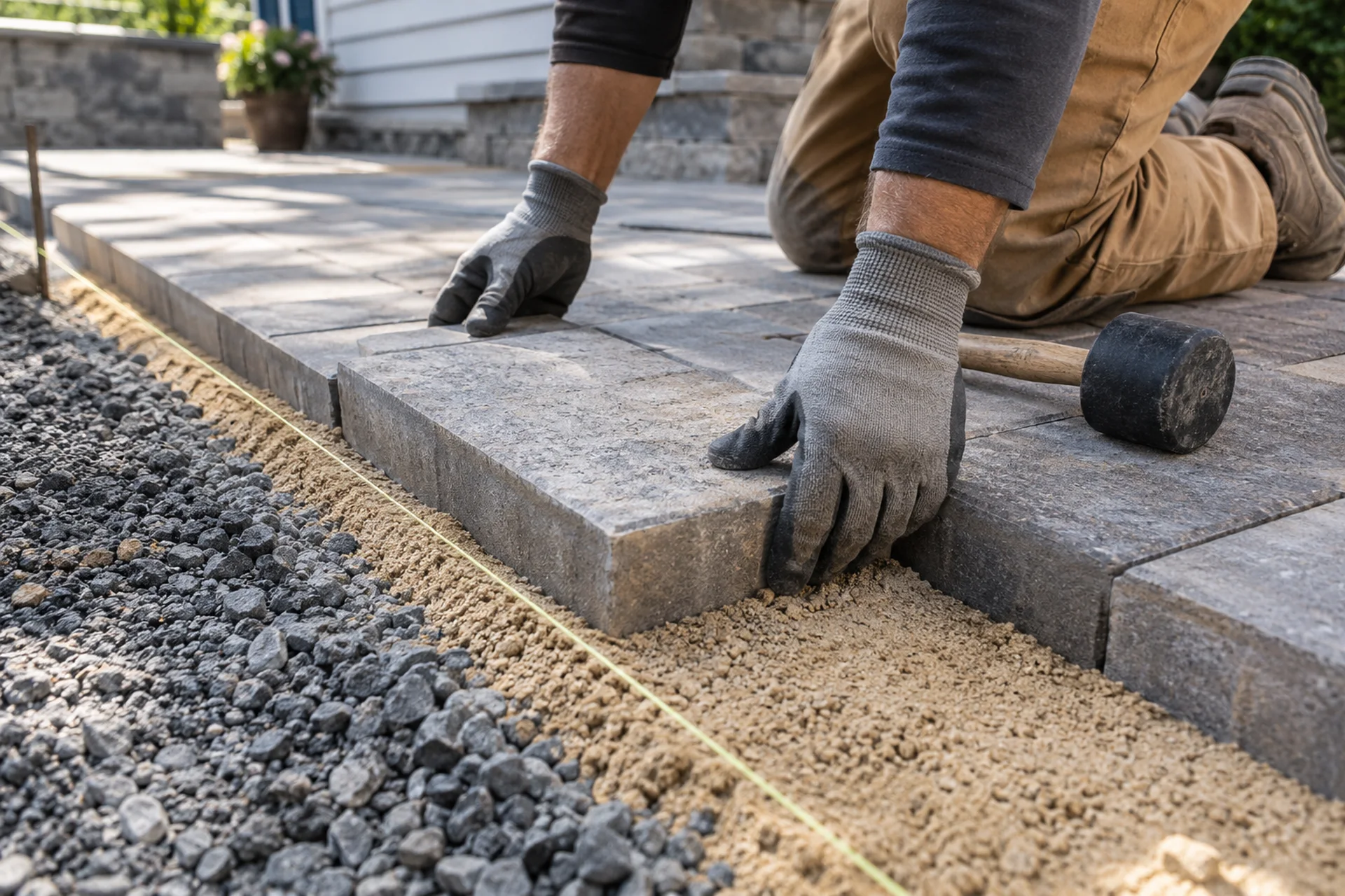 Installer aligning concrete pavers over a prepared patio base