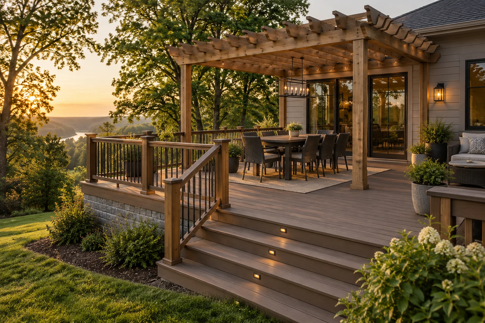 Composite deck and timber pergola beside a Midwestern home