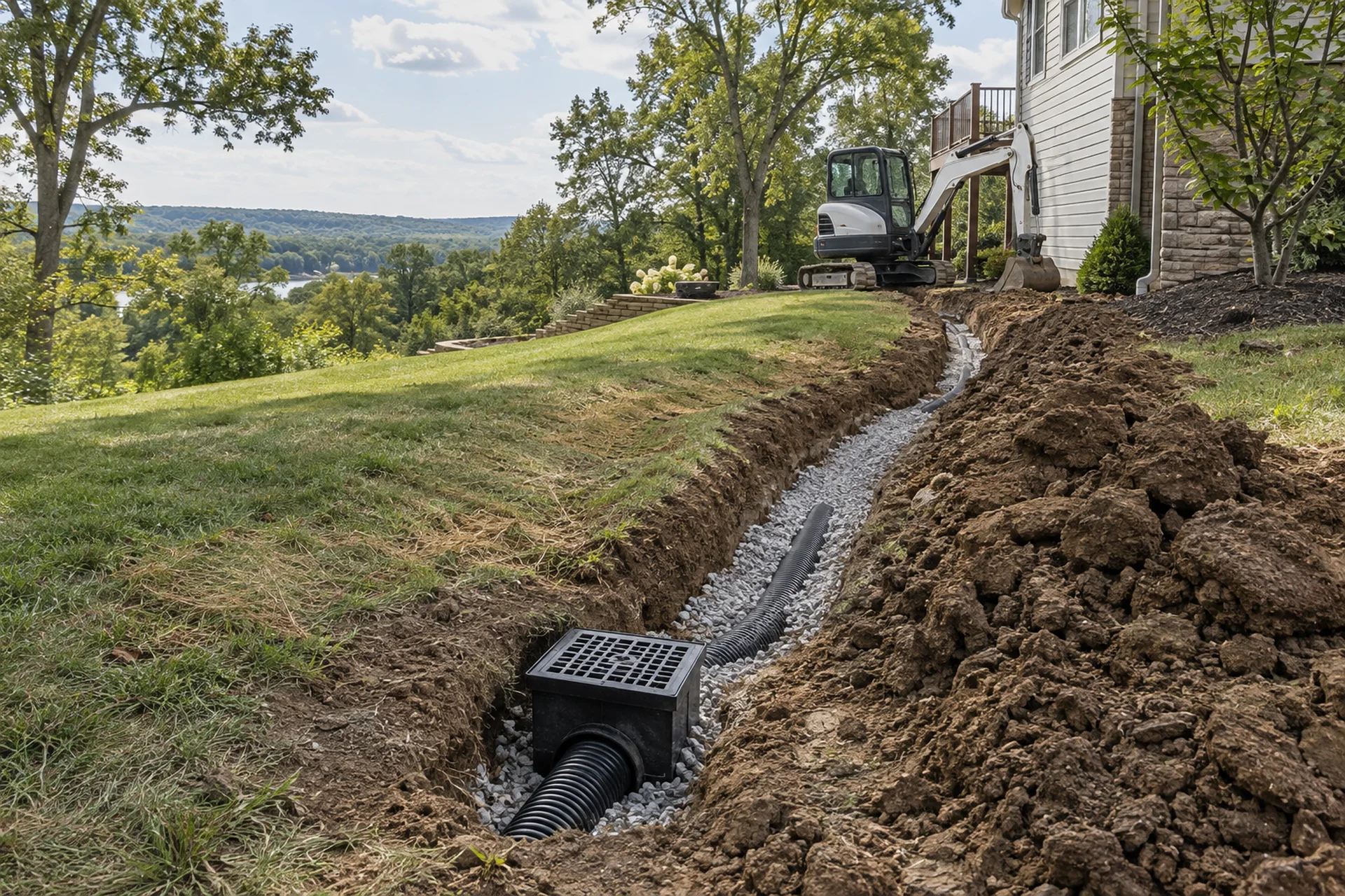 Backyard drainage trench with gravel, pipe, catch basin, and compact excavator
