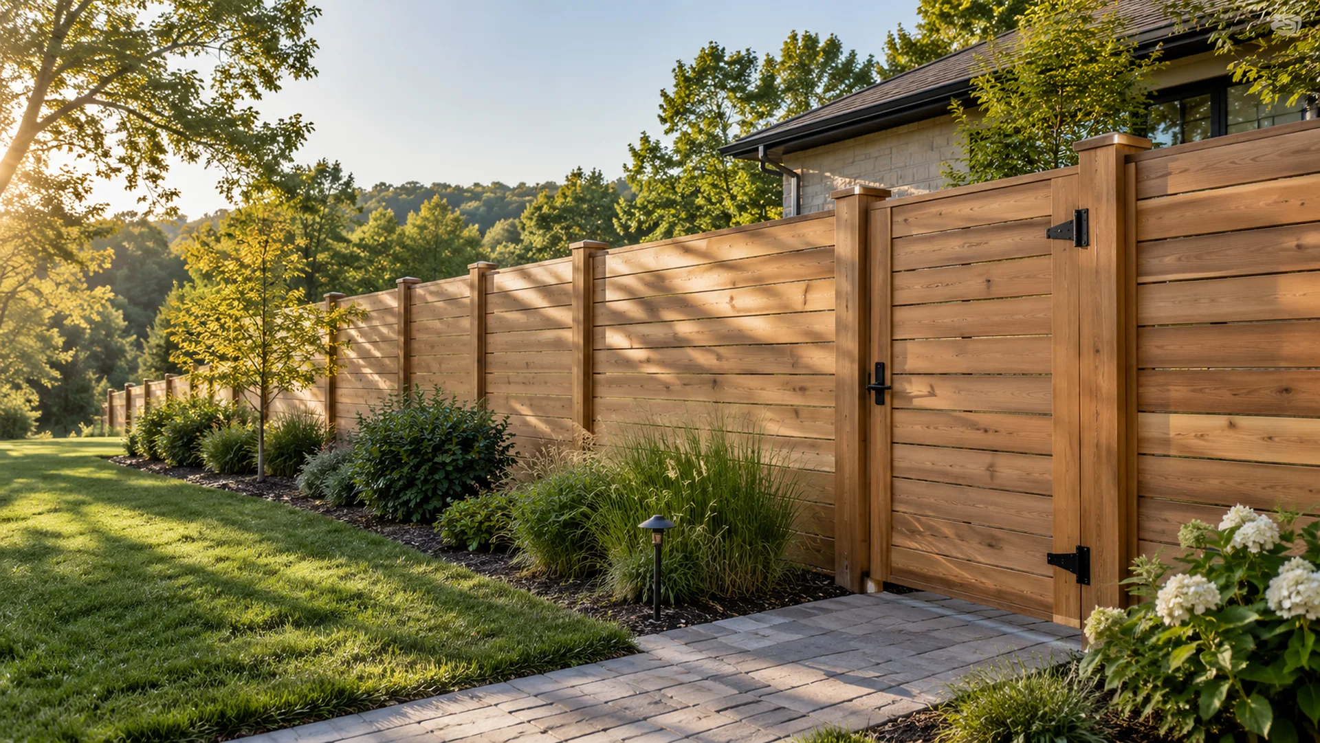 Horizontal cedar privacy fence and gate in a landscaped backyard