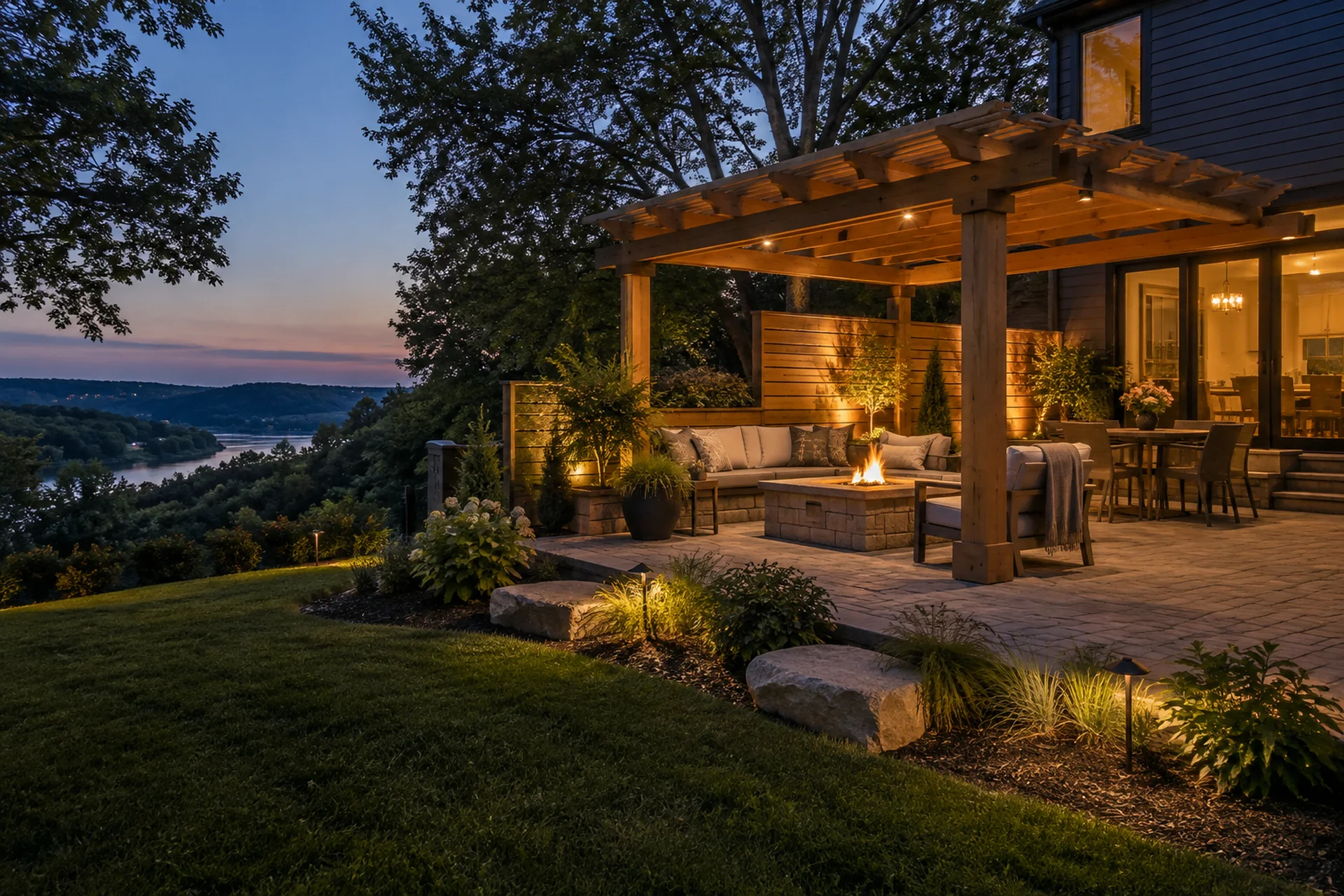 Timber pergola, paver terrace, seating, and fire feature at dusk