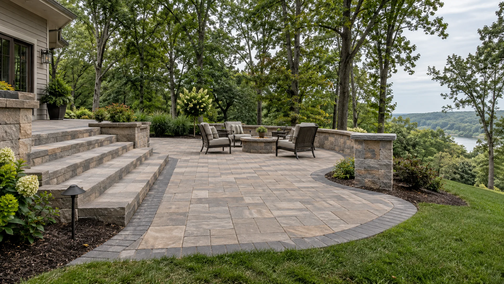 Paver patio, broad steps, and low seat wall on a wooded property