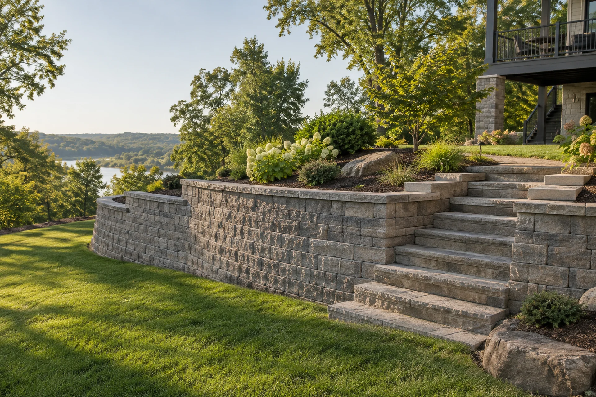 Retaining wall and broad stone steps resolving a backyard slope